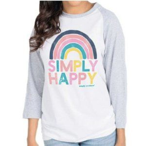 NEW Simply Southern Tee Shirt Size Small White Simply Happy 3/4 Raglan Sleeve